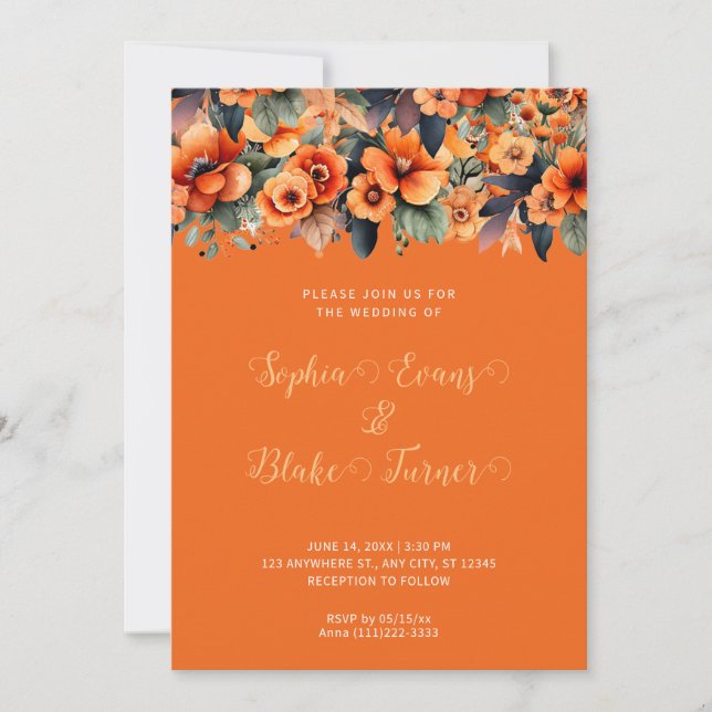 Convite Laranja Flores Selvagens Acordo Laranja Casamento (Frente)