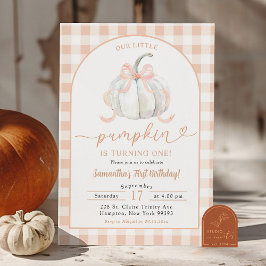 Convite Laranja Gingham Abóbora Aniversário de 1 ano Prépp