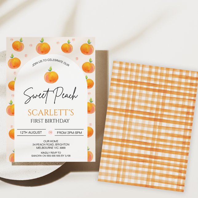 Convite Laranja Moderno Arch Nosso primeiro aniversario De (Arch Girls Our Sweet Peach Birthday Invitations, Little Peach invite, 1st Birthday Invitations Girl )