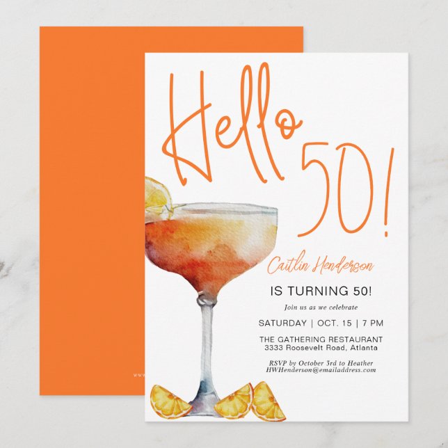 Convite Laranja Moderno Olá 50º Aniversário (Frente/Verso)