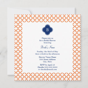 Convite Laranja Monograma, Real Azul Quatrefoil Bridal