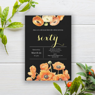 Convite Laranja Negro Elegante Floral 60ª Festa de anivers