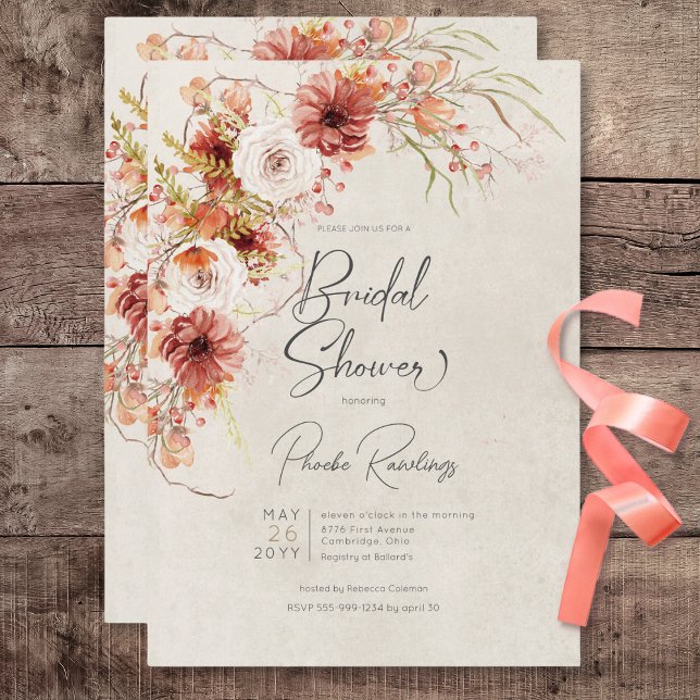 Convite Laranja Queimada e Chá de panela Floral Cream Boho (Burnt Orange & Cream Boho Floral Bridal Shower Invitation)