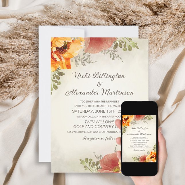 Convite Laranja Queimada Floral Outono Greenery Casamento (Criador carregado)