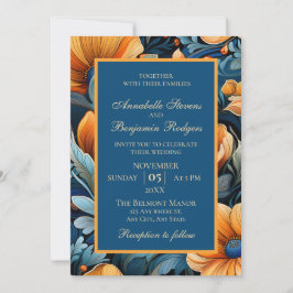 Convite Laranja queimada moderna e azul floral