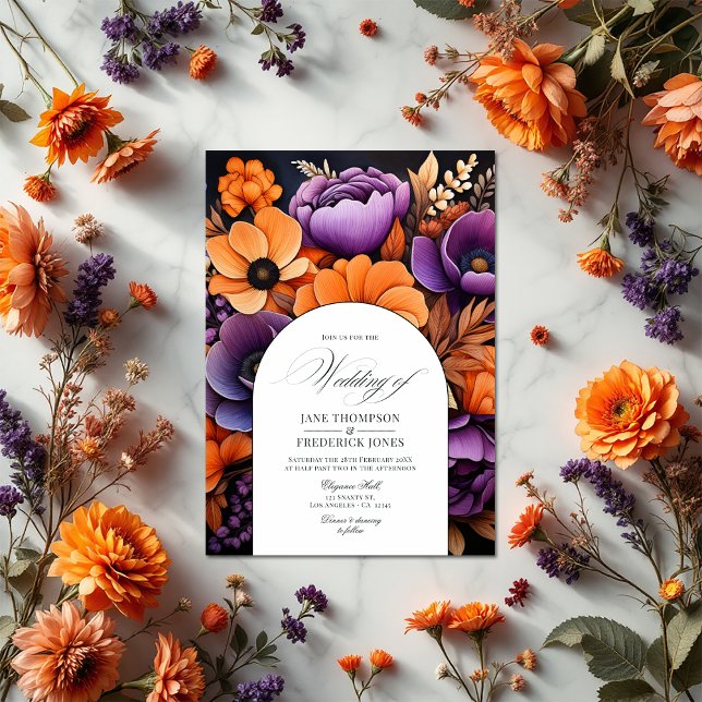 Convite Laranja queimada, Púrpura Escura e Casamento Flora (Burnt Orange, Dark Purple and Black Floral Wedding Invitation)