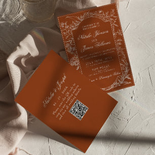 Convite Laranja Queimado Floral Terracota Código QR Casame