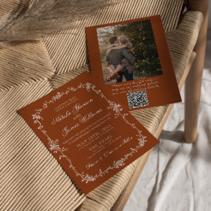 Convite Laranja Queimado Floral Terracota Código QR Casame