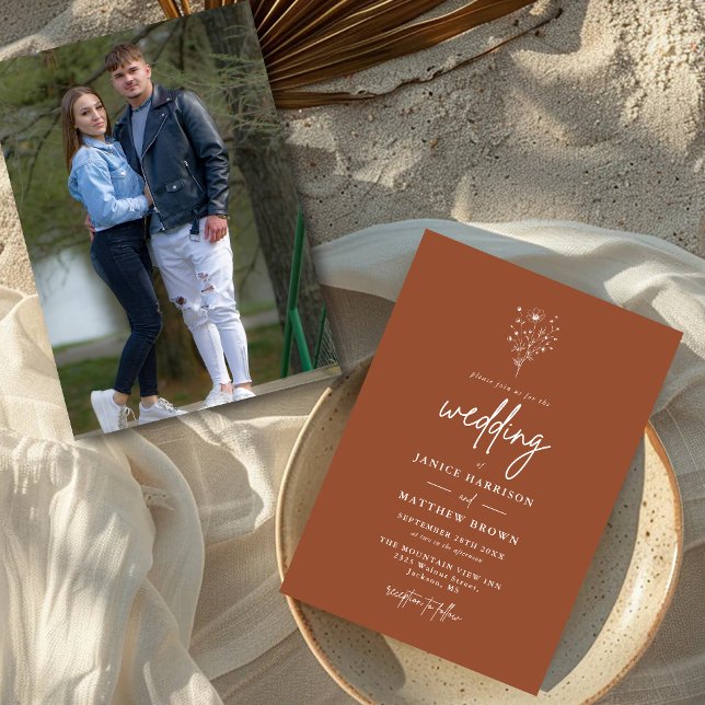 Convite Laranja Queimado Rústico Foto Botânica Casamento (Burnt orange botanical photo invitation showcases your love story with a warm personalized touch)