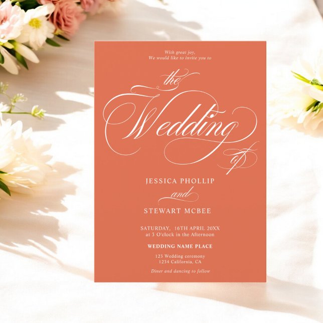 Convite Laranja-quente, tudo em um casamento de caligrafia (Chic orange all in one calligraphy wedding invitation)