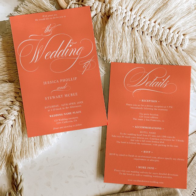 Convite Laranja-quente, tudo em um casamento de caligrafia (Chic orange all in one calligraphy wedding invitation)