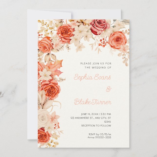 Convite Laranja Romântico & Rosas Brancas Casamento Creme  (Frente)