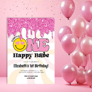 Convite Laranja Rosa Retro Um Bebê Feliz Aniversário de 1