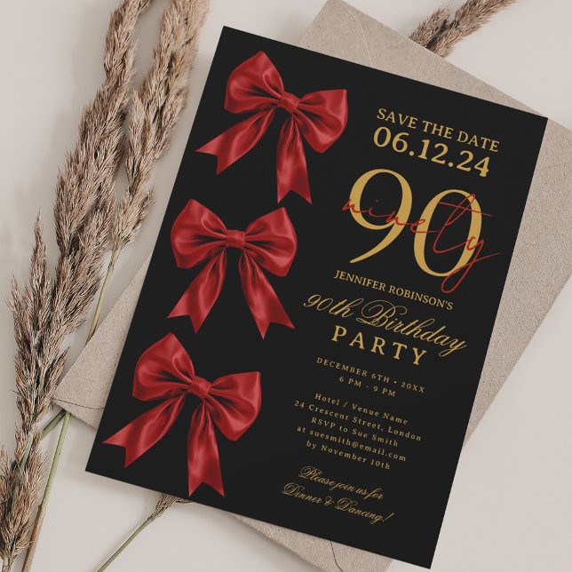 Convite Laranja Save Date 90º Aniversário Preto (Red Coquette Bow Save Date 90th Birthday Black Invitation)