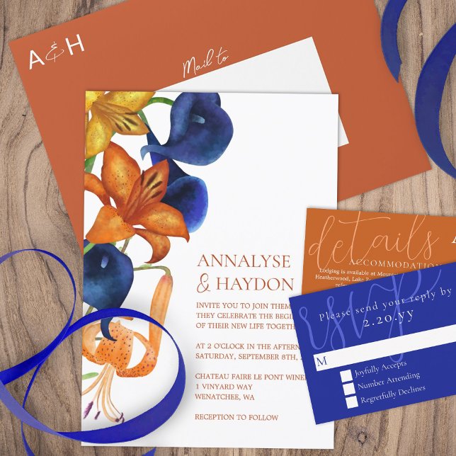 Convite Laranja Tigre Lírios, Azul Escuro Calla Lilly Casa (orange gold royal blue fall floral wedding invitations, tiger lily calla lilies fall season flowers)