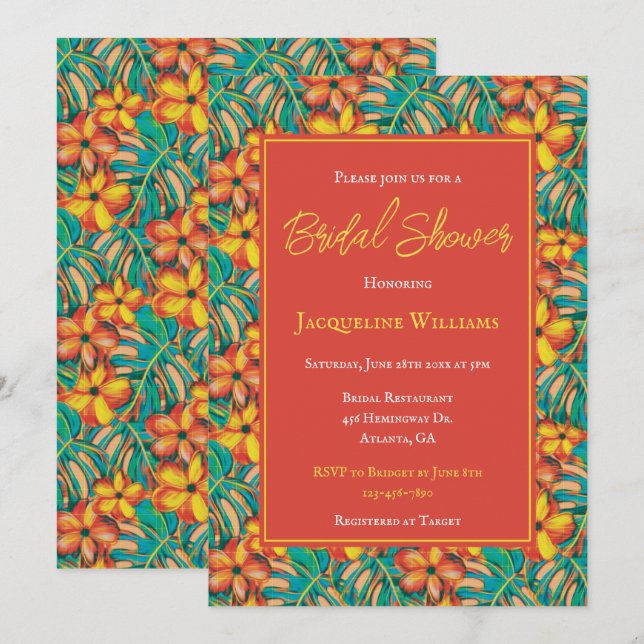 Convite Laranja tropical e Chá de panela floral amarelo (Frente/Verso)