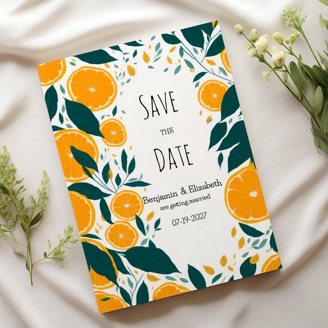 Convite Laranja verde-escuro botânico salva a data (Botanical dark green citrus orange Save the Date)