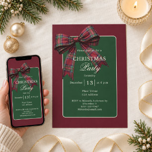 Convite Laranja Verde Xadrez Tartan Laço Festa de Natal