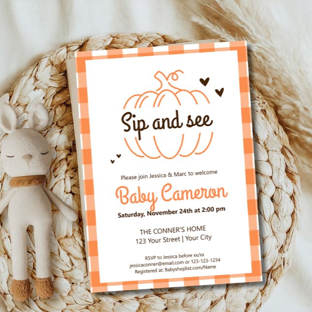 Convite Laranja Xadrez Outono Abóbora Beba e Veja Conheça  (Criador carregado)