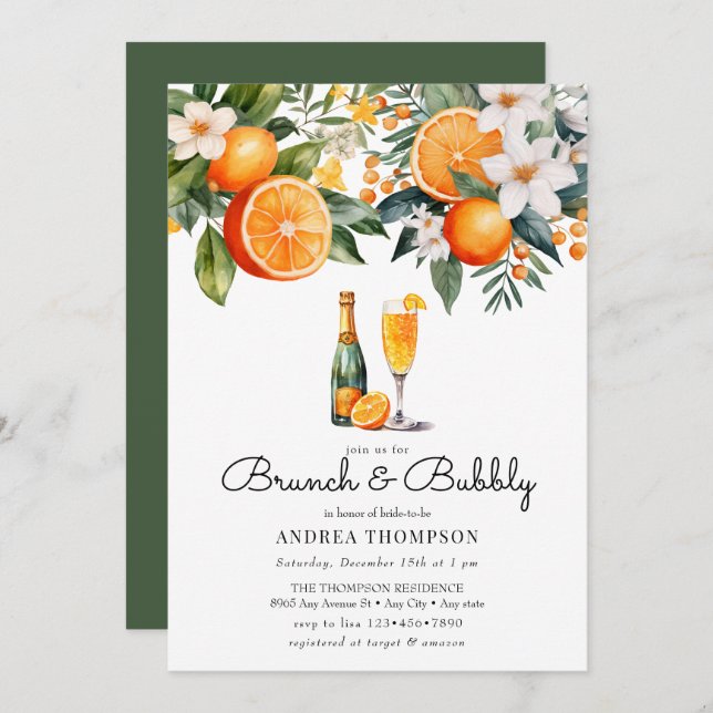Convite Laranjas Aquarela | Chuveiro Brunch (Frente/Verso)