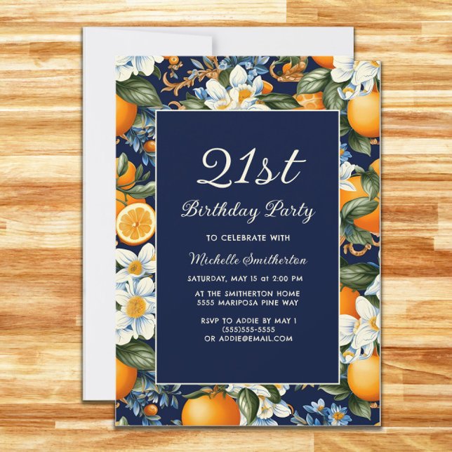 Convite Laranjas de qualquer idade Flores brancas Marinho  (Oranges and white blooms on navy blue birthday party invitation for any age)