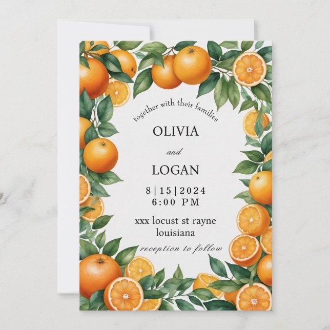 Convite Laranjas E Folhas, Casamento Laranja Vibrante (Frente)
