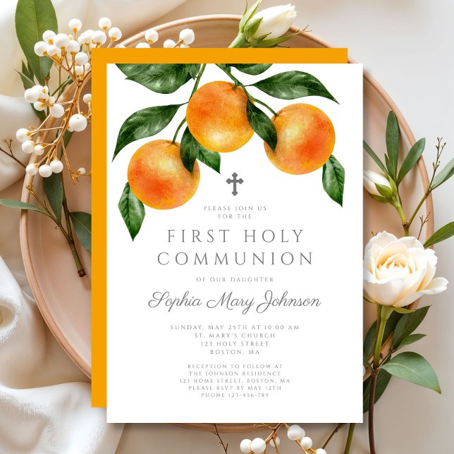 Convite Laranjas Elegantes Primeira Comunhão Sagrada (Elegant Oranges First Holy Communion Invitation)