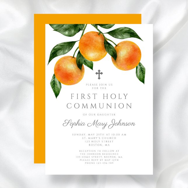 Convite Laranjas Elegantes Primeira Comunhão Sagrada (Elegant Oranges First Holy Communion Invitation)