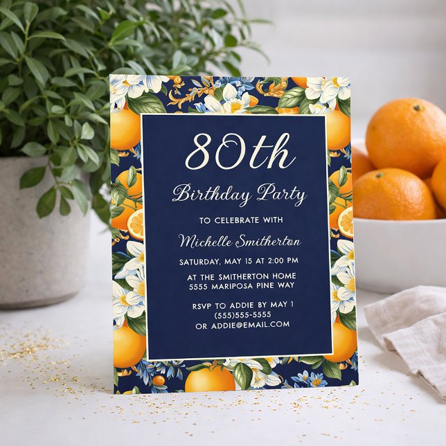 Convite Laranjas Flores Brancas Azul Marinho 80º Aniversár (Oranges on navy blue 80th birthday invitation)