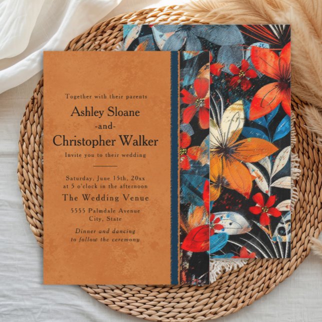Convite Laranjas Vibrantes Flores Vermelhas e Teais em Neg (Bold, vibrant orange, teal, red flowers boho-style wedding invitation)