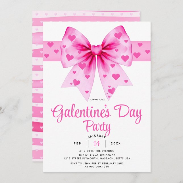 Convite Large pink bow and hearts Galentine's Day party    (Frente/Verso)