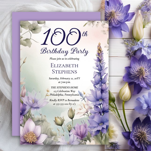 Convite Larkspur | Água Lily Floral 100ª Festa de aniversá (Elegant Boho Larkspur and Water Lilies Floral 100th Birthday Party Invitation - Print | Digital)