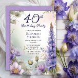 Convite Larkspur | Festa de aniversário de 40 anos Floral<br><div class="desc">Larkspur e água elegantes lírios design florais,  design com um quadro floral de larkspur roxo e lírios de água sobre um fundo de cor d'água de tom pastel.</div>