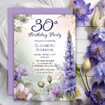 Convite Larkspur | Water Lily Floral 30th Birthday Party<br><div class="desc">Elegant larkspur and water lilies floral design "30th Birthday Party" design featuring a floral frame of purple larkspur and water lilies on a pastel-toned watercolor background.</div>