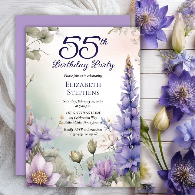 Convite Larkspur | Water Lily Floral 55th Birthday Party (Elegant Boho Larkspur and Water Lilies Floral 55th Birthday Party Invitation - Print | Digital)