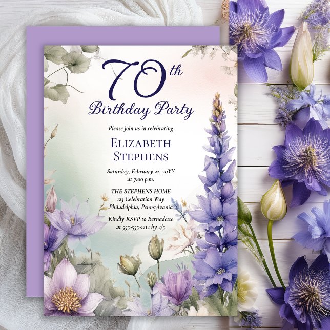 Convite Larkspur | Water Lily Floral 70th Birthday Party (Elegant Boho Larkspur and Water Lilies Floral 70th Birthday Party Invitation - Print | Digital)