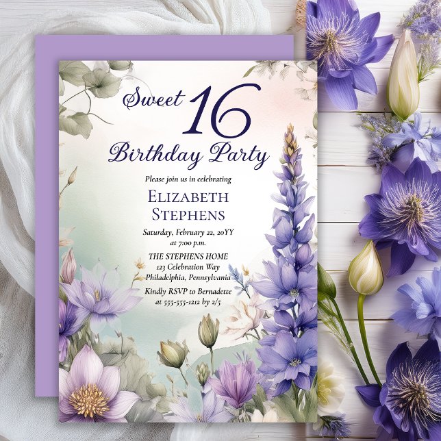 Convite Larkspur Water Lily Floral Sweet 16 Festa de anive (Elegant Boho Larkspur and Water Lilies Floral Sweet 16 Birthday Party Invitation - Print | Digital)