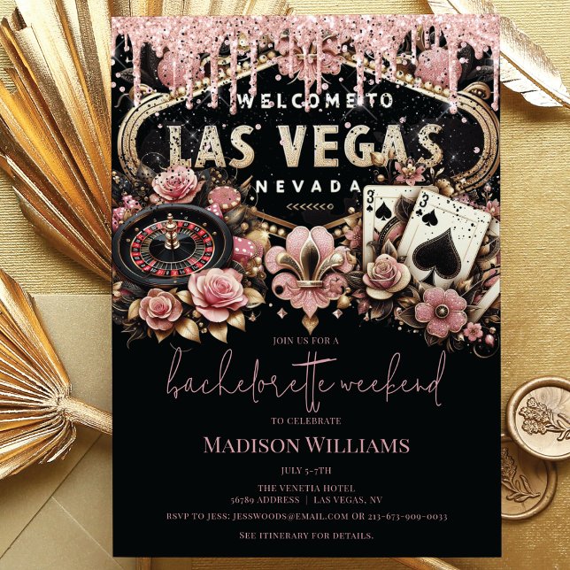Convite Las Vegas Bachelorette Luxury Preto Rosa Dourado (Criador carregado)