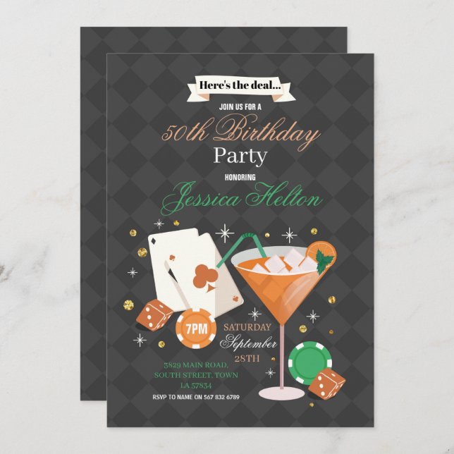 Convite Las Vegas Birthday Casino Dice Chips Martini Party (Frente/Verso)