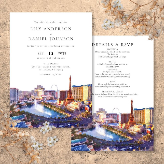 Convite Las Vegas Skyline Watercolor All In One Wedding (Las Vegas Skyline Watercolor All In One Wedding Invitation)