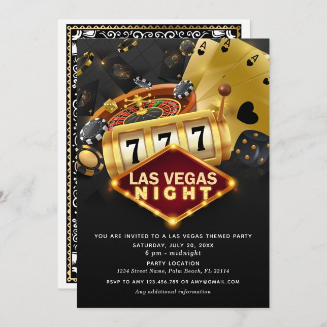 Convite Las Vegas Themed Party Black Dourado (Frente/Verso)