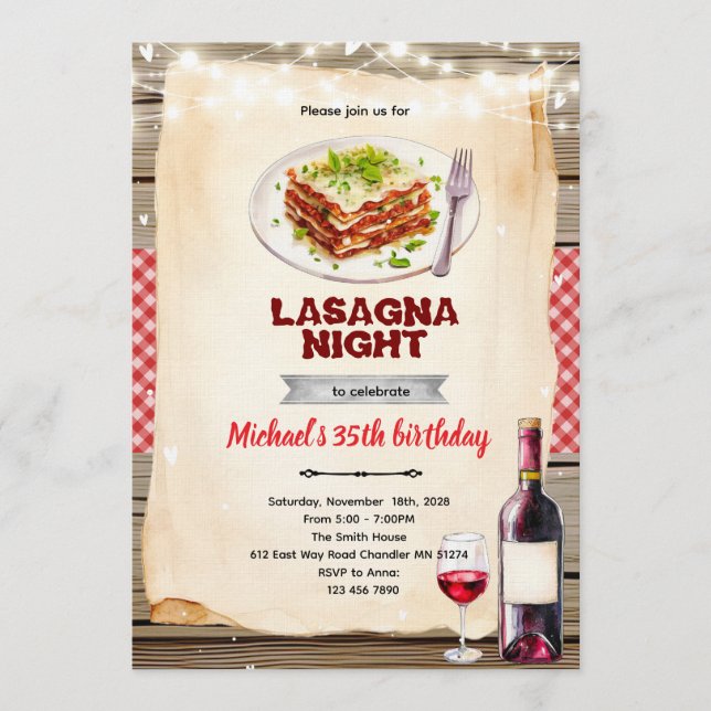 Convite Lasagna and Wine night party invitation (Frente)