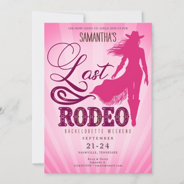 Convite Last Rodeo Pink Cowgirl Nashville Bachelorette  (Frente)