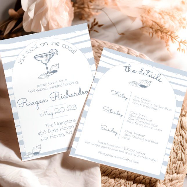 Convite Last Toast on the Coast Beach Bachelorette Weekend ("last toast on the coast" blue nautical beach bachelorette party girls weekend invitation sea shell )