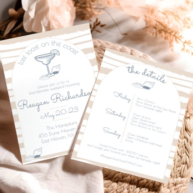 Convite Last Toast on the Coast Beach Bachelorette Weekend (Last toast on the coast cute bachelorette party weekend girls trip invitation tan nautical beach sea)