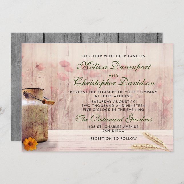 Convite Lata de leite russa com Casamento de Trigo e Flore (Frente/Verso)