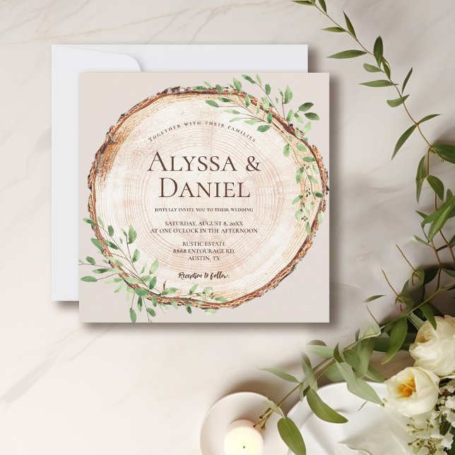 Convite Latido Rustic Elegante Boho Wreath (Boho rustic elegant wood cut slice with watercolor wreath wedding invitation.)