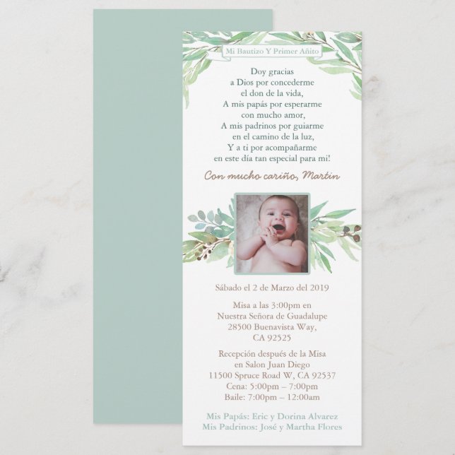 Convite Latino Baptism Primeiro Aniversário para Menino, e (Frente/Verso)