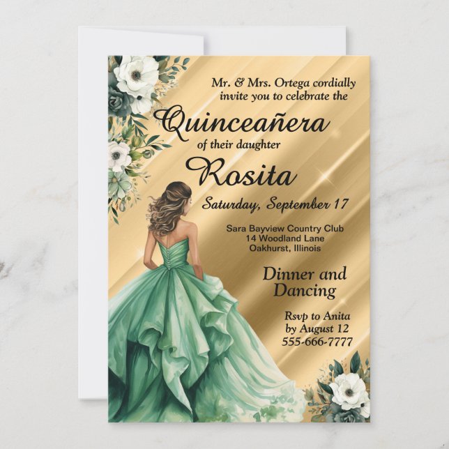 Convite Latino Esmeralda Verde Quinceanera (Frente)