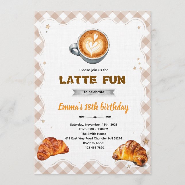 Convite Latte Birthday Brunch party Invitation  (Frente)